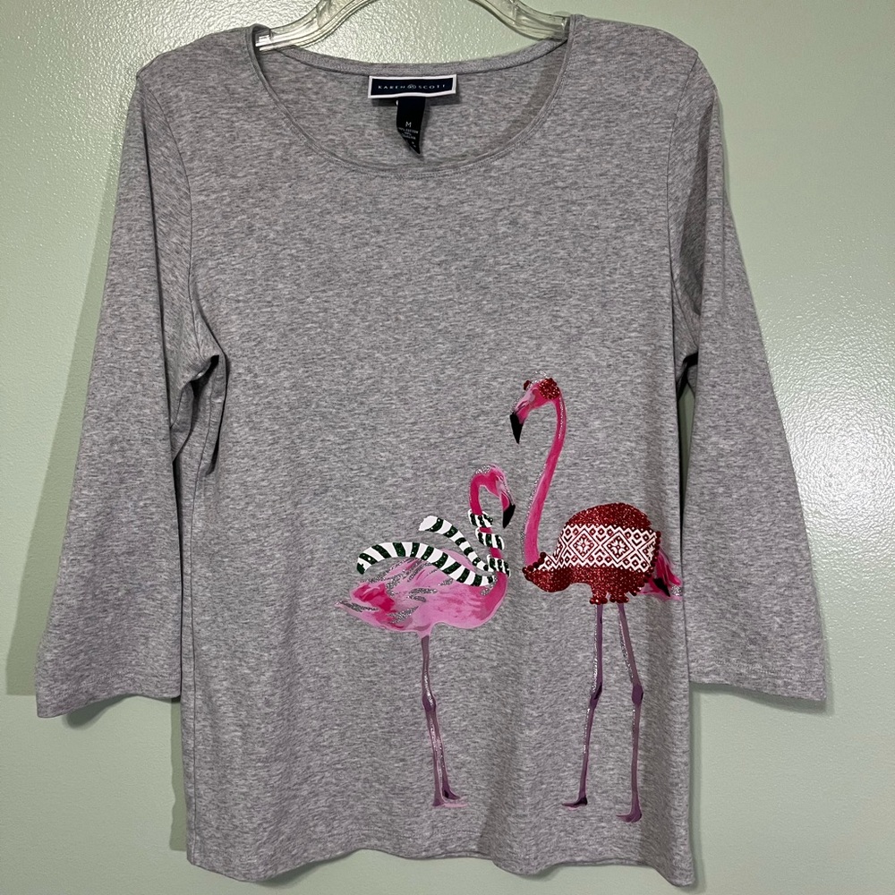 Karen Scott Gray Top with Pink Flamingo Design